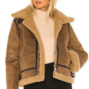 J.O.A. fur moto jacket, tan/brown leather piping S